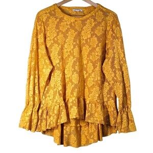 Zara Trafaluc Sz S Golden Yellow Sheer Lace High Low Oversize Romantic Blouse